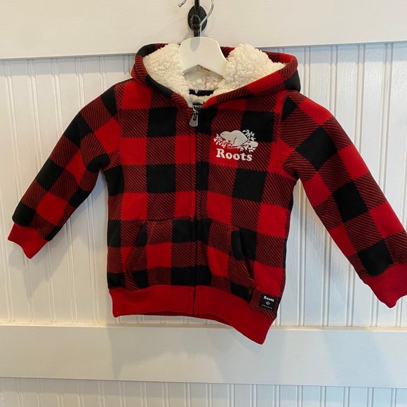Toddler Roots Sherpa Lined Red Buffalo Plaid Full Zip Hoodie Size 4T New - Picture 4 of 4